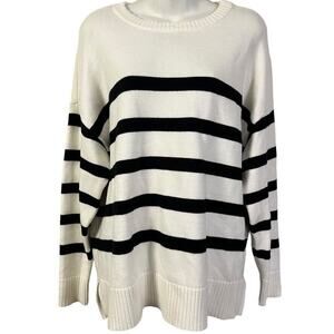 French Connection Essentials Womens Black Ivory Striped Long Sleeve Sweater sz L